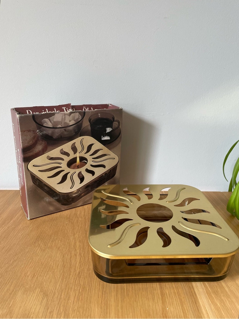 Vintage 1970s Celestial Sun Tealight Candle Teapot Tea Warmer with Original Box